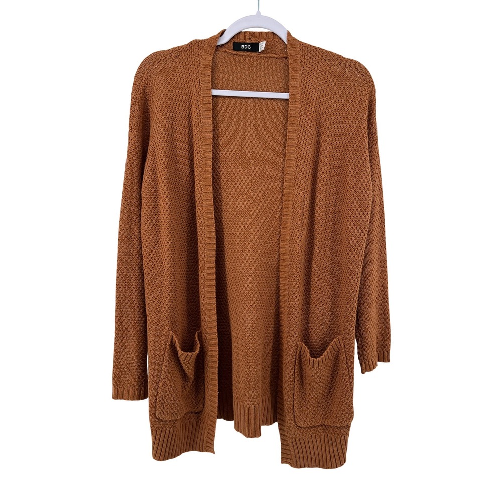 BDG Womens XS Rust Brown Waffle Knit Open Front Cardigan Sweater Pockets Cotton